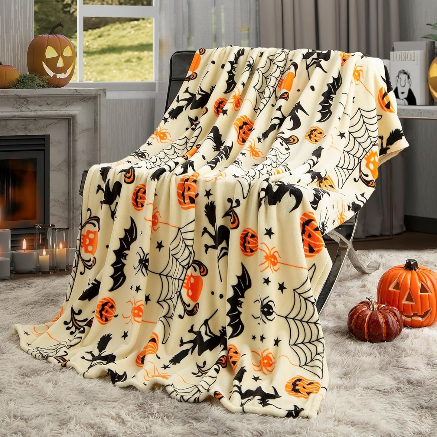 Generic Halloween Throw Blanket Witch Hat Spider Webs Cozy Flannel Multicolor