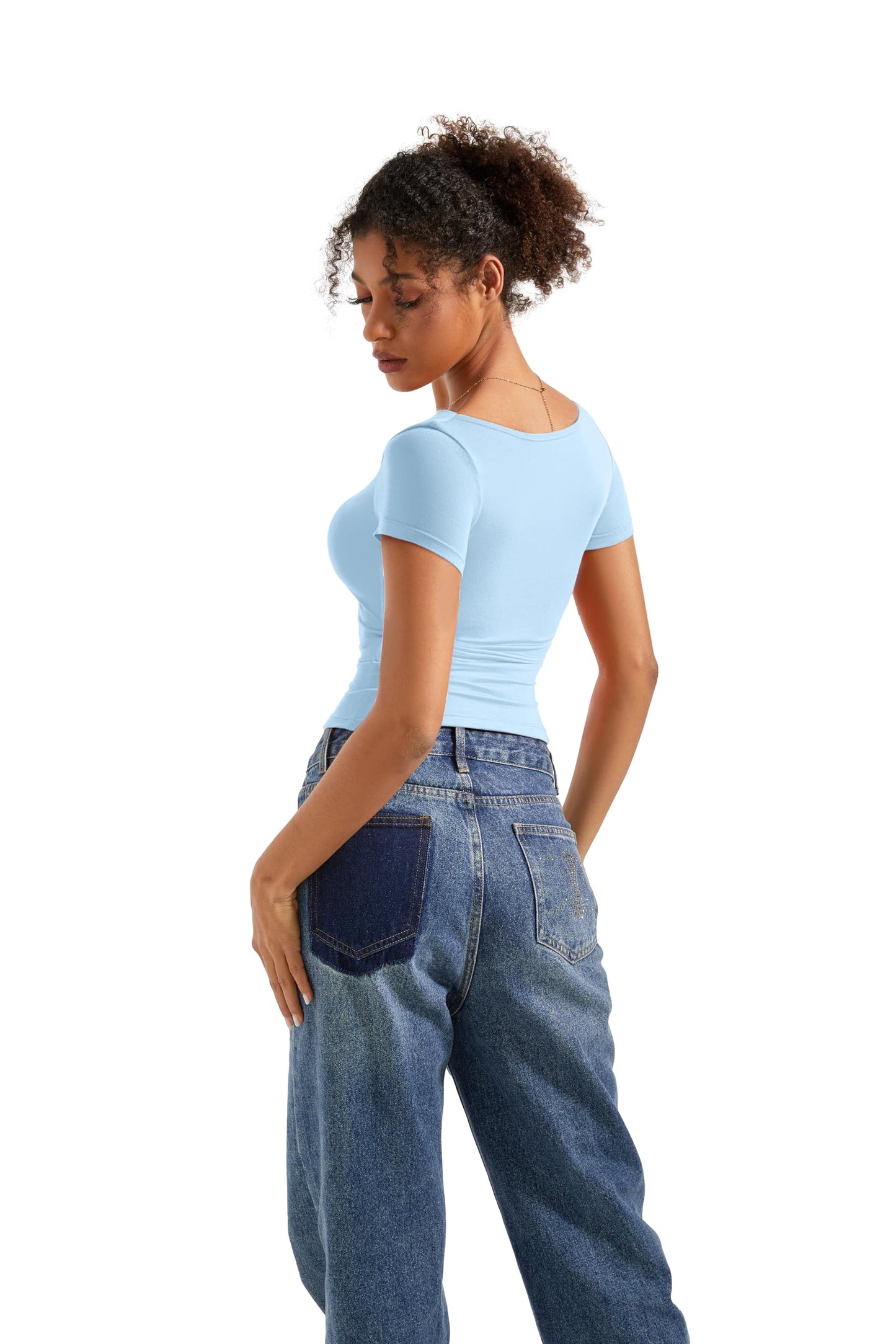 SUUKSESS Women Off Shoulder Cowl Neck Short Sleeve Top Light Blue Size M
