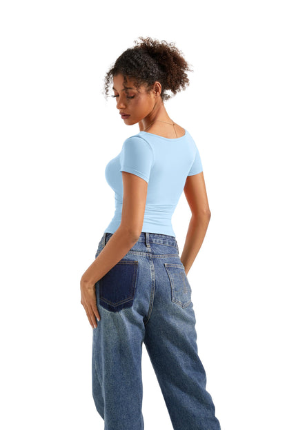 SUUKSESS Women Off Shoulder Cowl Neck Short Sleeve Top Light Blue Size M
