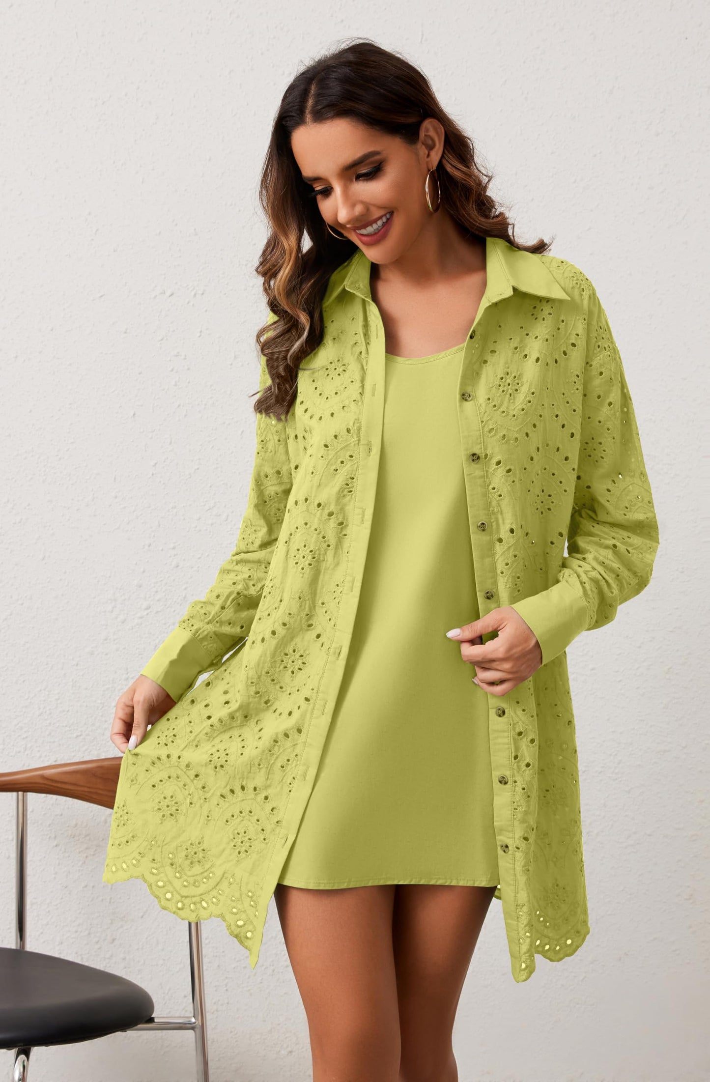 AIHUKOCY Women Hollow Out Button Down V Neck Long Sleeve Mini Dress Yellow M