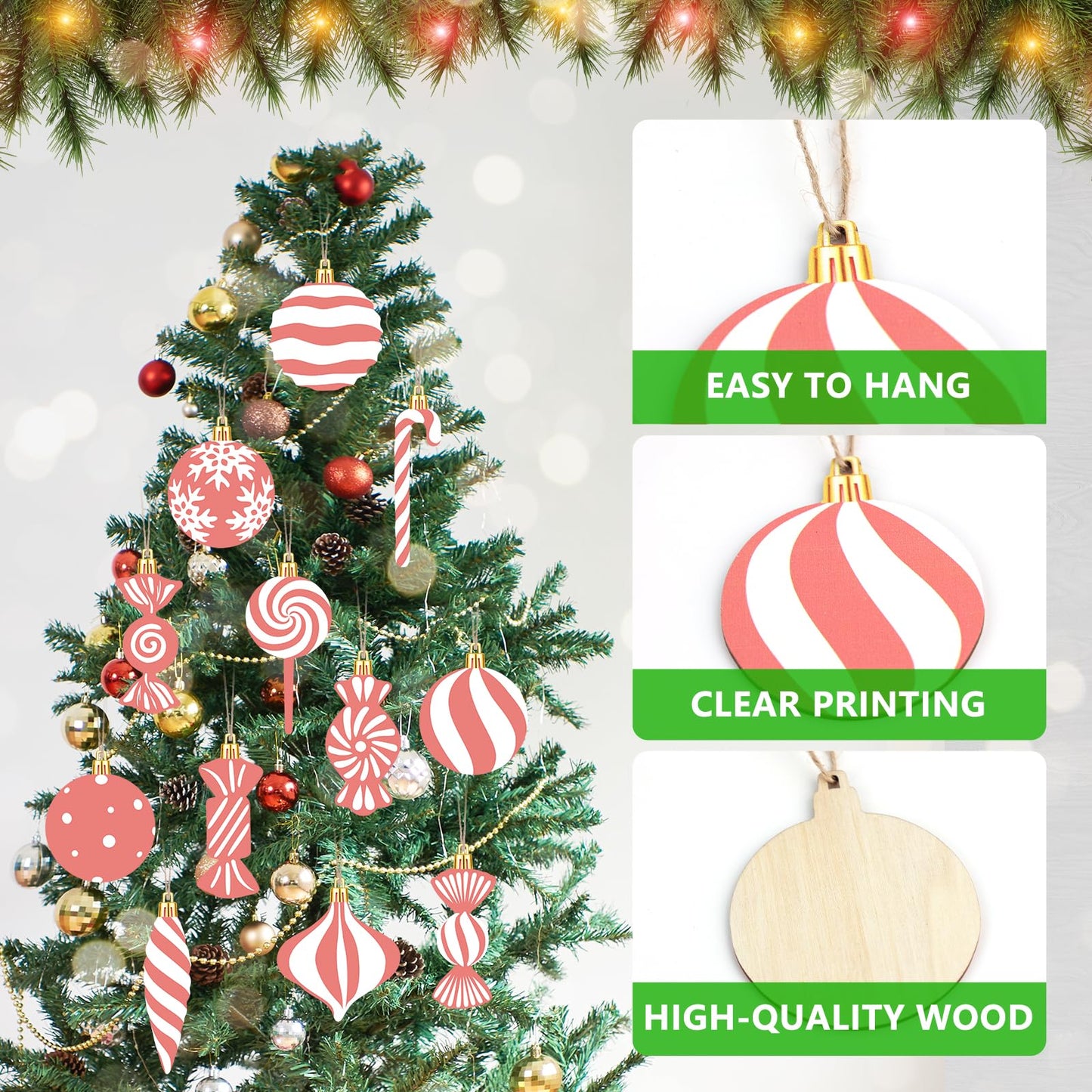 Arosche Christmas Candyland Tree Decorations 24Pcs Pink Wooden Ornaments
