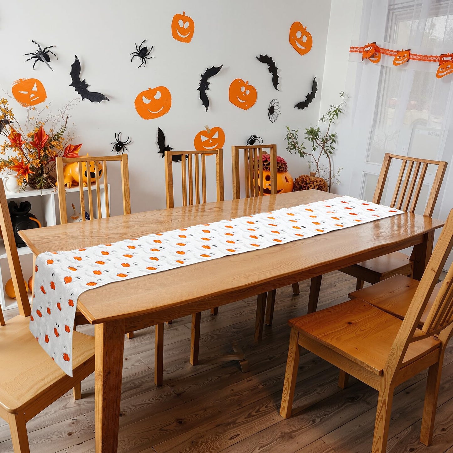Frienda Fall Ghost Pumpkin Table Runner Ivory Plush 13x72 Inch