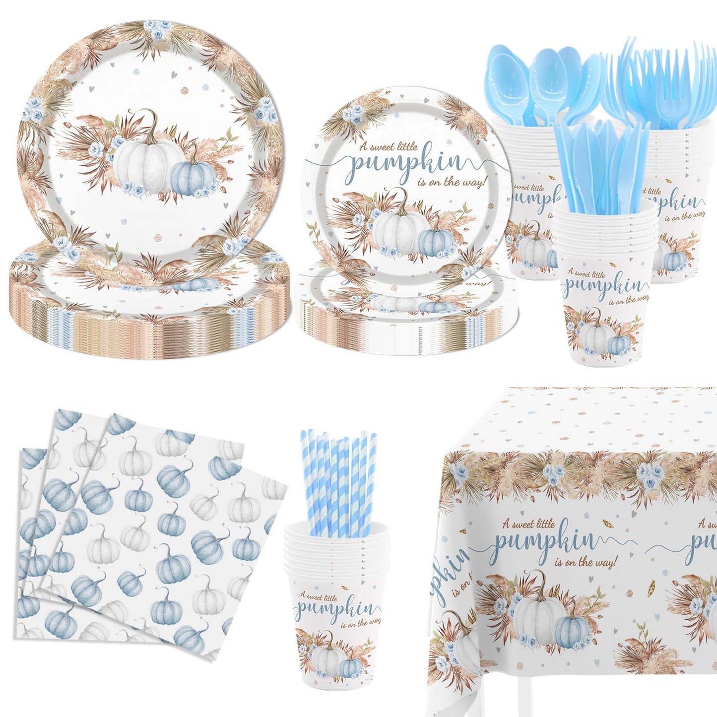 MEHOFOND Blue Pumpkin Baby Shower Party Supplies 193 Pcs Tableware Set