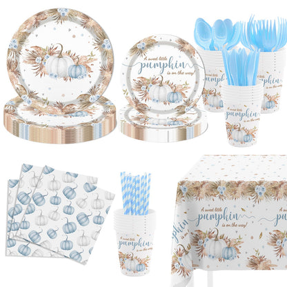 MEHOFOND Blue Pumpkin Baby Shower Party Supplies 193 Pcs Tableware Set