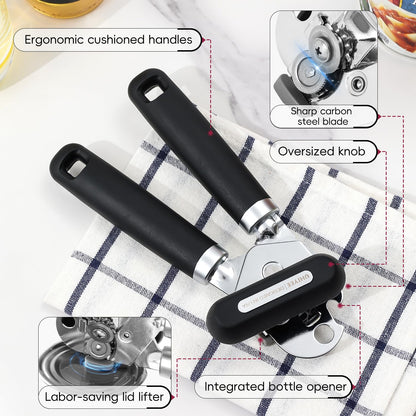 UHIYEE Manual Can Opener Heavy Duty Sharp Blade Soft Handle Black