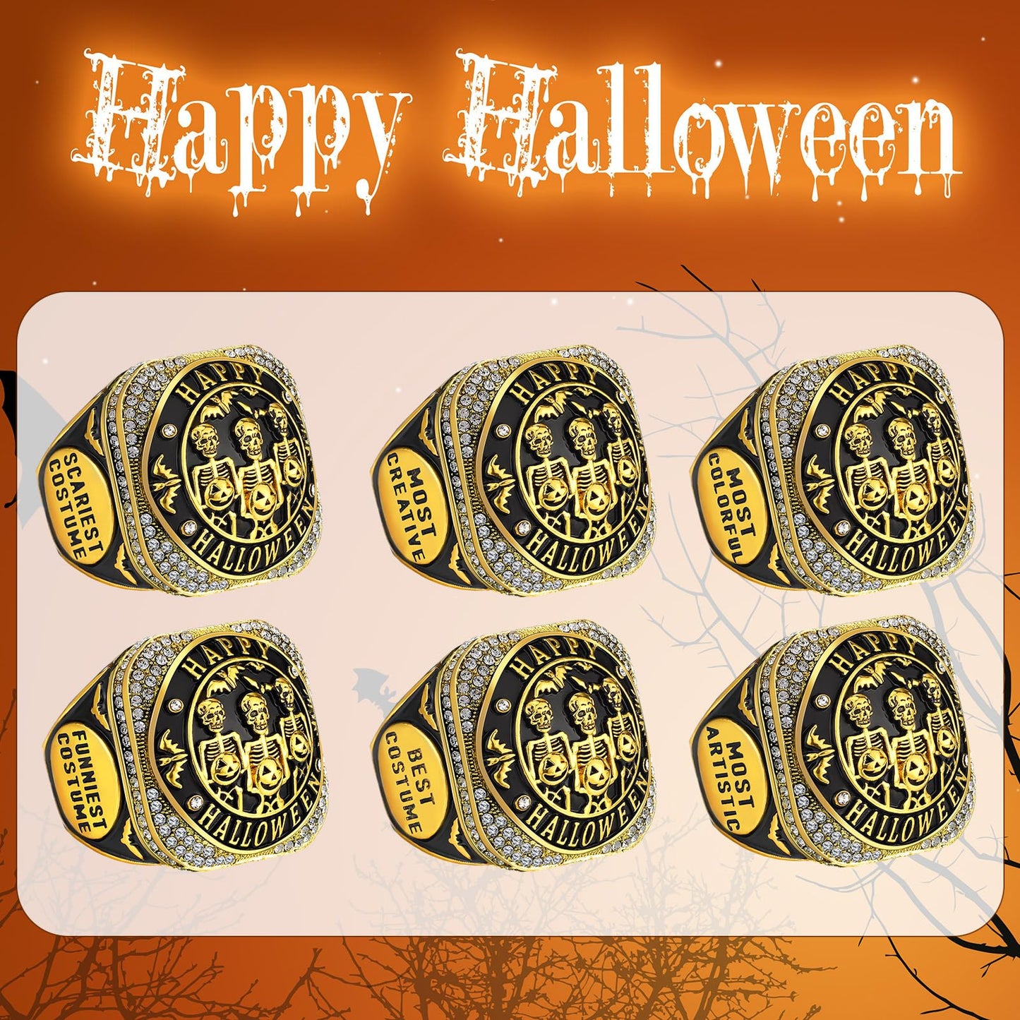 Highergo Halloween Skeleton Trophy Rings Set 6pcs with Neck Chain Stand
