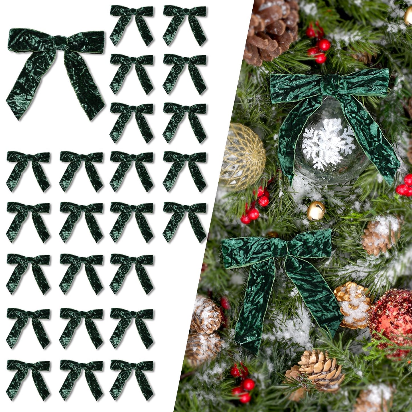 LaRibbons 24 Pcs Green Crinkled Velvet Bows 3.94x3.94in Vintage Style