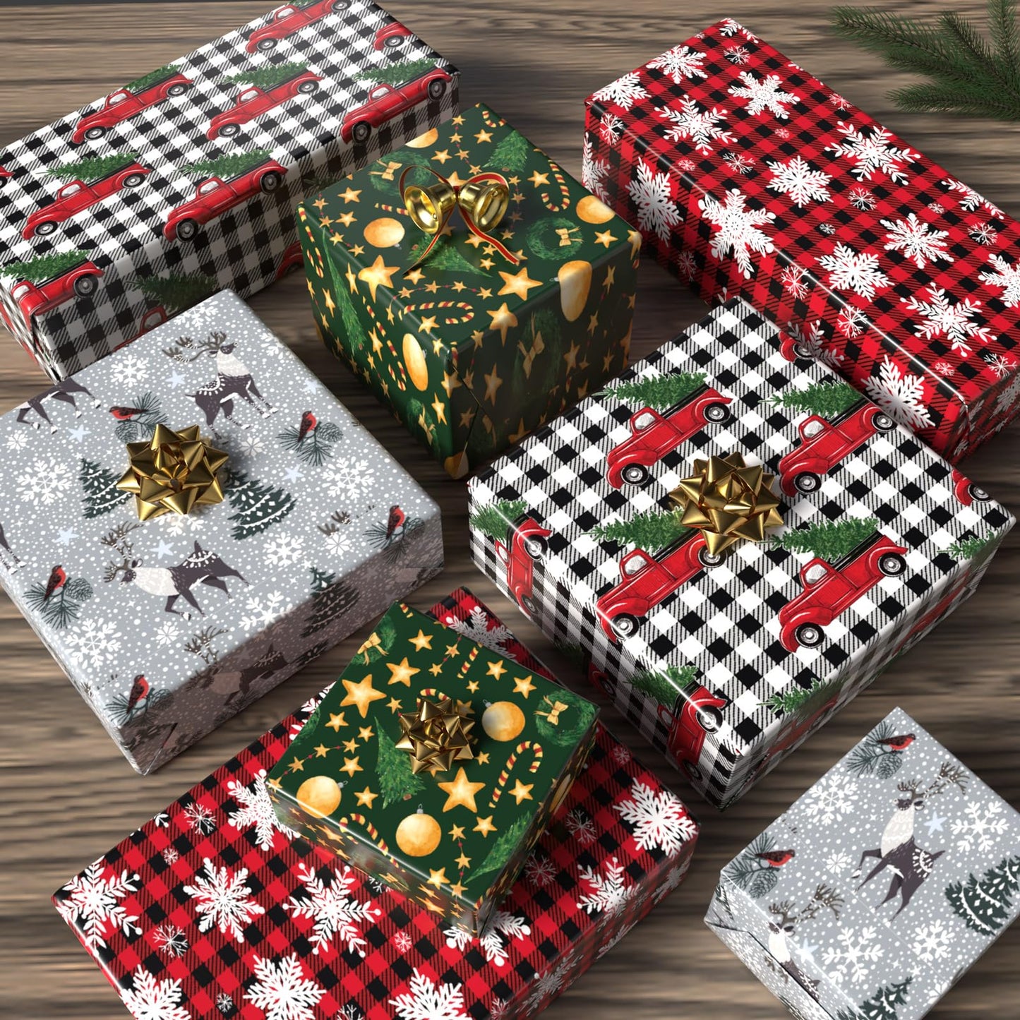 GIOLNIAY Christmas Wrapping Paper Snowflakes Red Black Plaid 28x40 4 Sheets