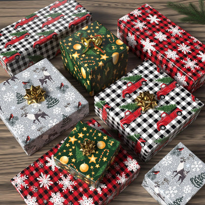 GIOLNIAY Christmas Wrapping Paper Snowflakes Red Black Plaid 28x40 4 Sheets