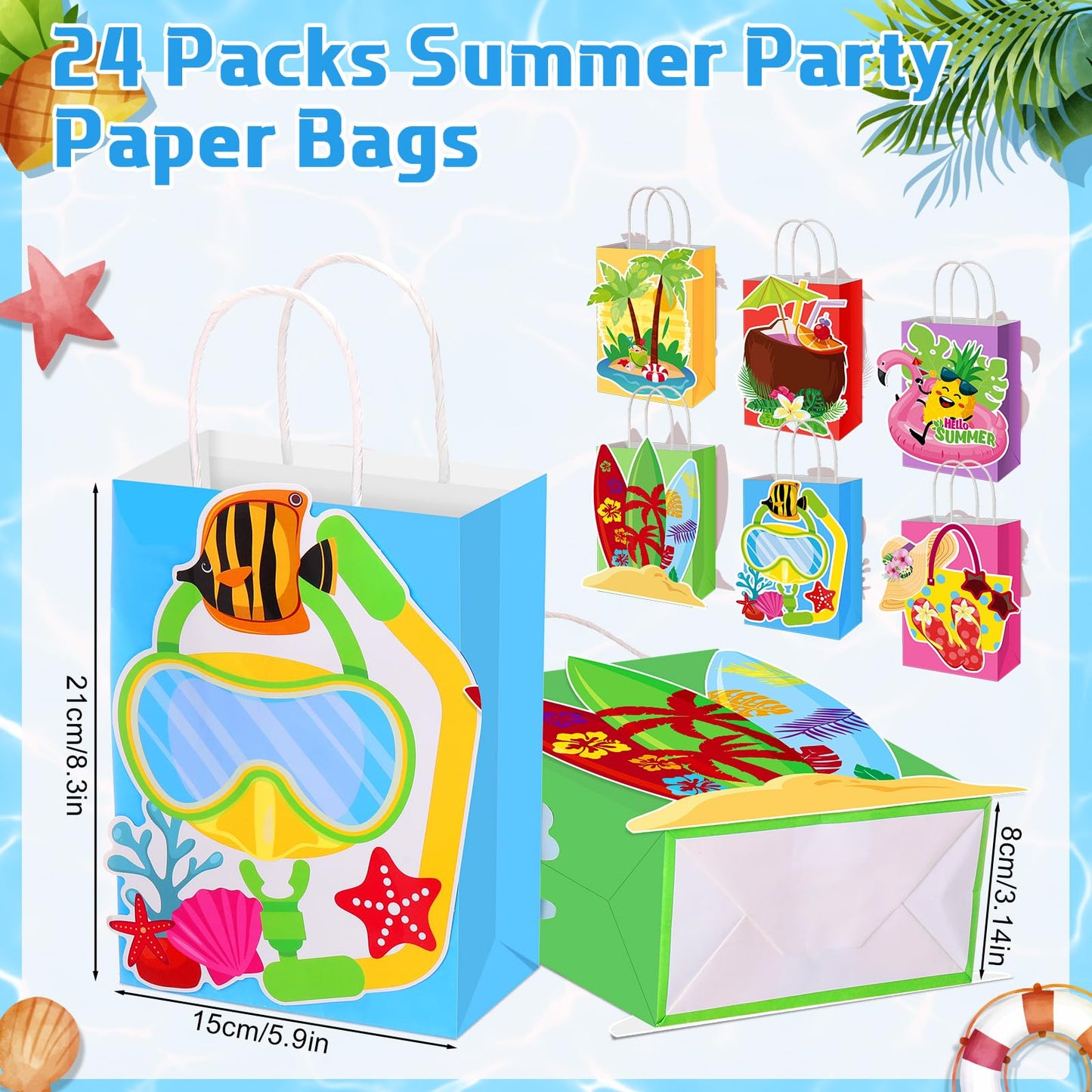 MotiMind 24 Pcs Hawaiian Luau Beach Party Paper Bags with Handles Multicolor