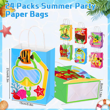 MotiMind 24 Pcs Hawaiian Luau Beach Party Paper Bags with Handles Multicolor