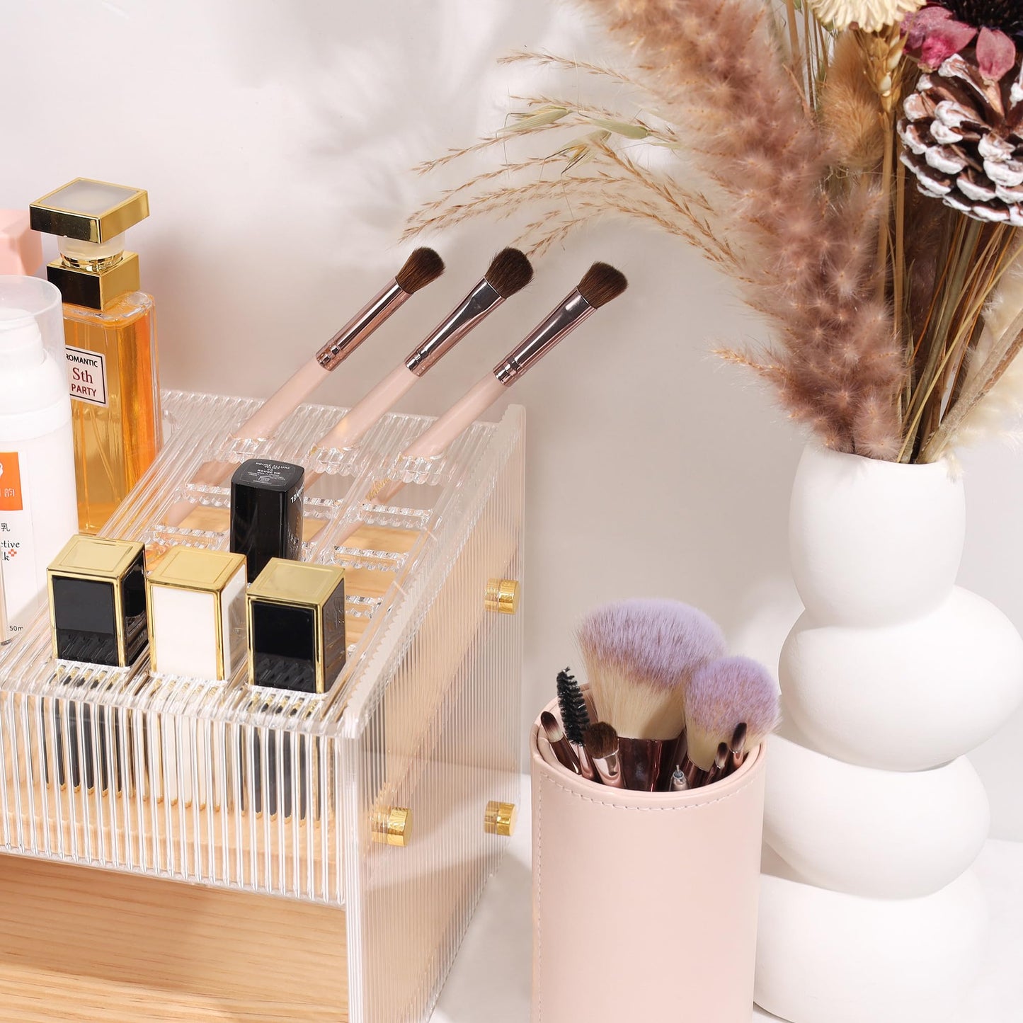 KAOTGOT Pine Wood Acrylic Makeup Organizer with Brush & Lipstick Holder