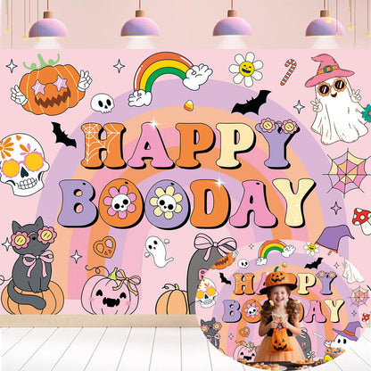 CUMIA Groovy Happy BooDay Banner Backdrop 6x4FT Boho Rainbow Ghost Halloween