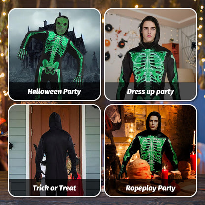 XXLOG Glow in the Dark Skeleton Costume Hooded Jumpsuit Halloween Cosplay Adult