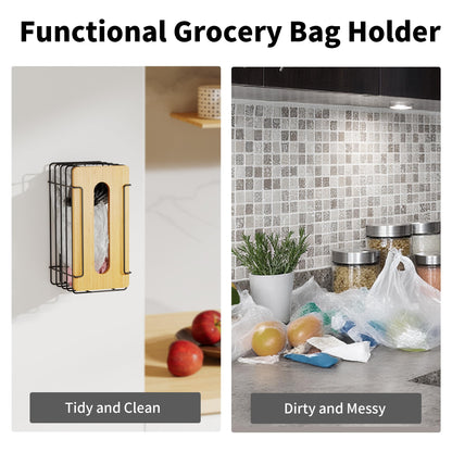 Stylstoreazy 2 Pack Wall Mount Grocery Bag Holder Bamboo Top Black Large