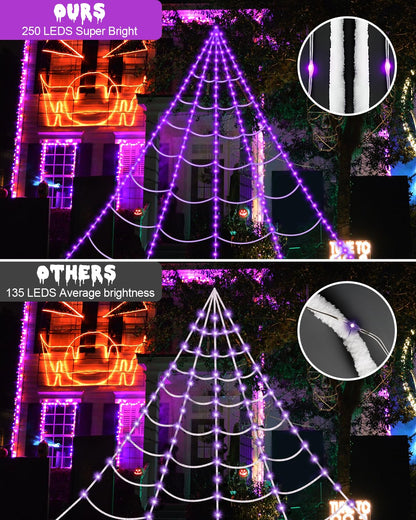 ECOHDT Brighter Spider Webs Halloween Lights 250 Purple LED 16.4Ft 8 Modes