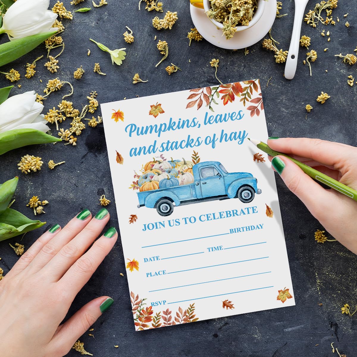 YGRBXJZD Fall Pumpkin Birthday Invitations Blue Truck 4x6 20 Sets Colorful