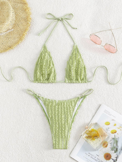 GORGLITTER Women's Lace Bikini Set Halter Triangle Thong Green Frill Size XL