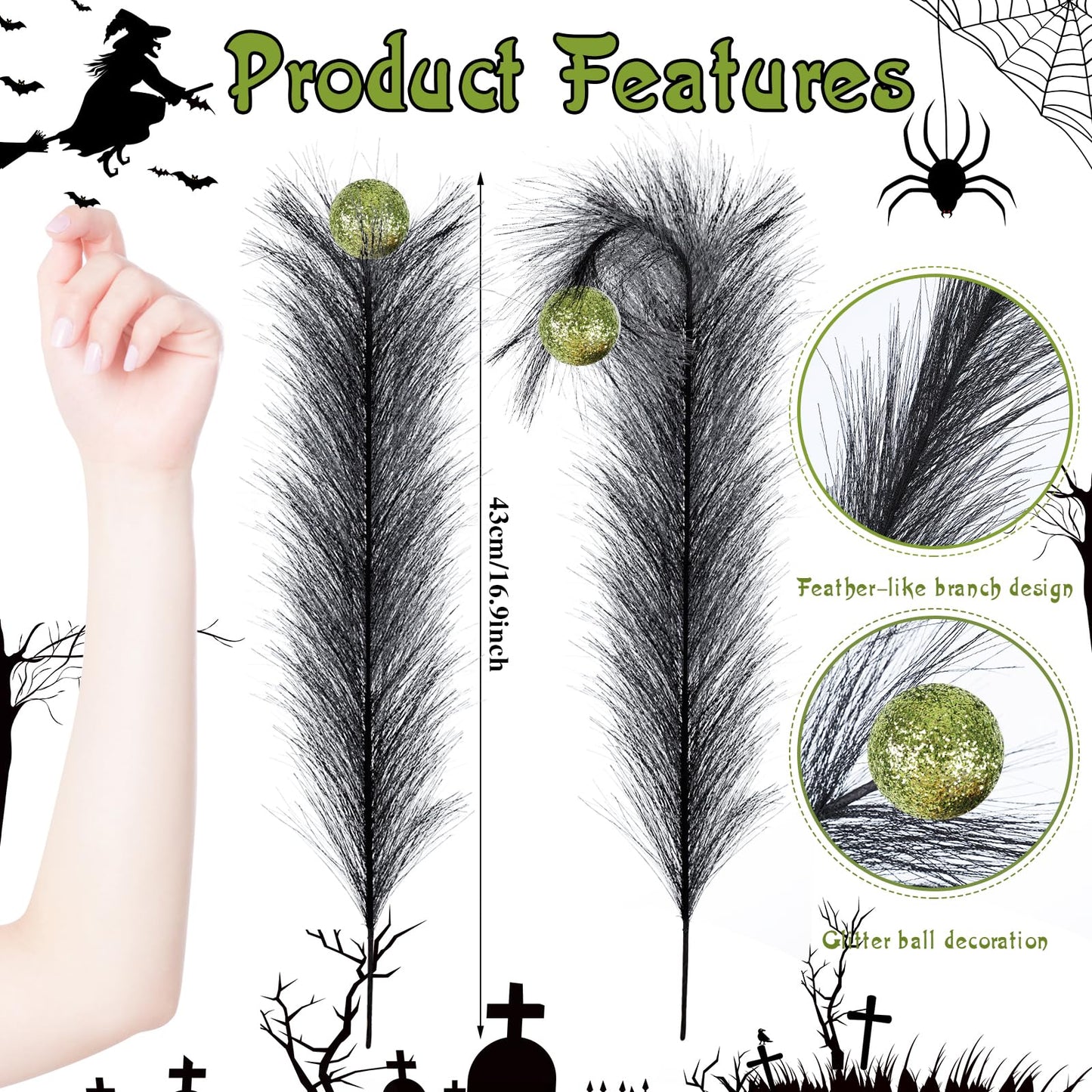 EYNDYN 15 Pcs 17'' Black Feather Christmas Tree Topper Green