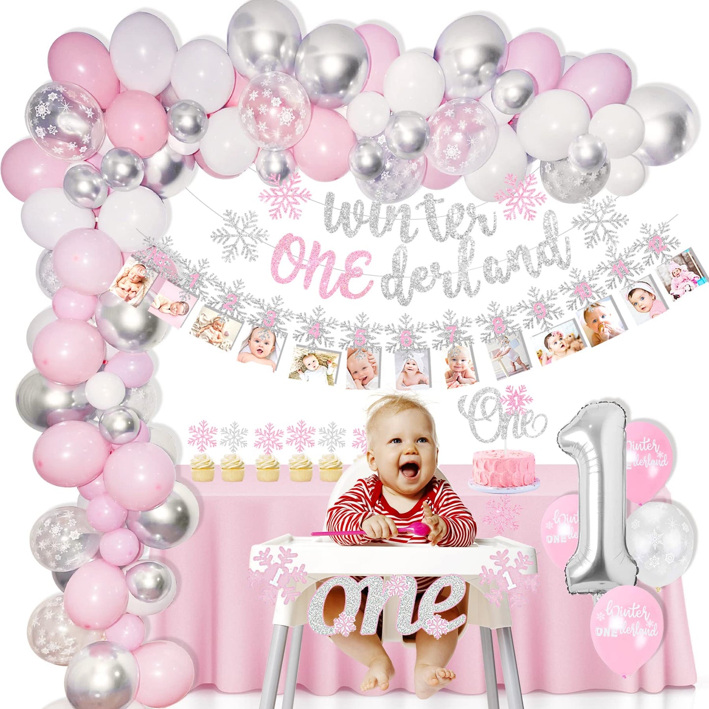 Shempeium Winter Onederland 1st Girl Banner Snowflake Pink Garland