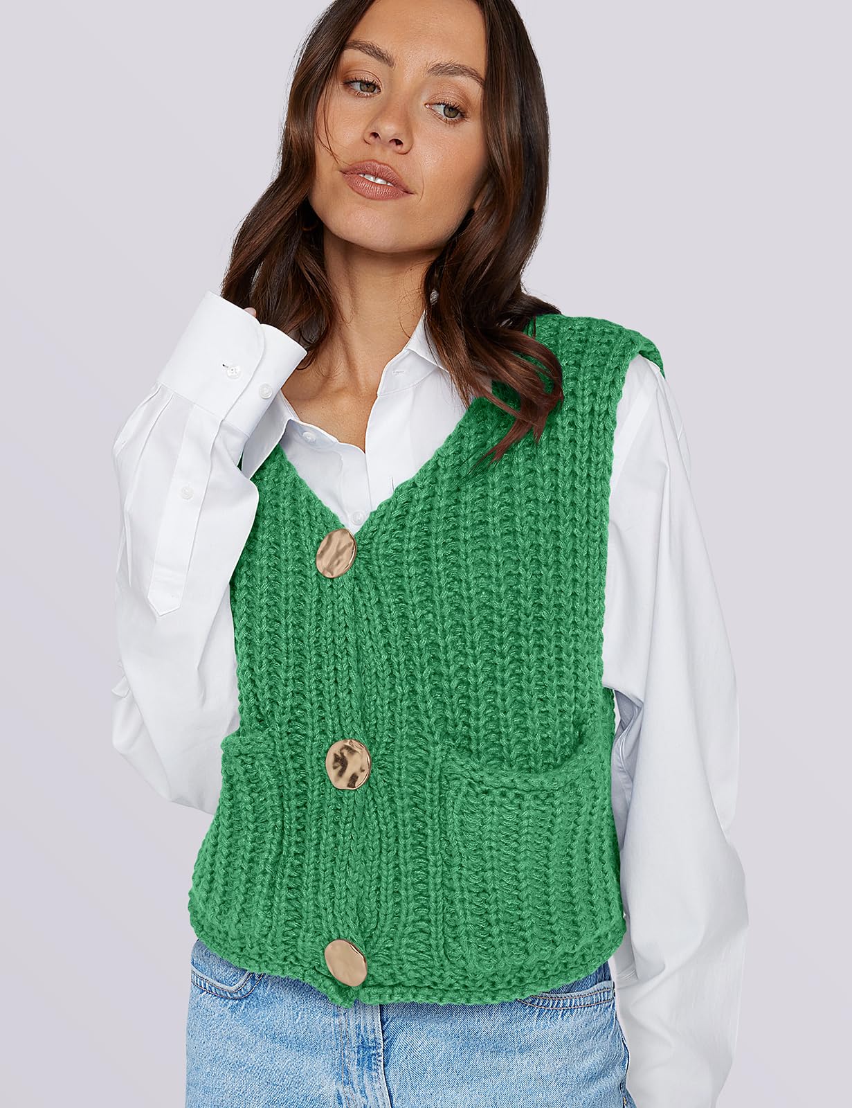UEU Women's V Neck Crochet Sweater Vest Sleeveless Cardigan Green Size M