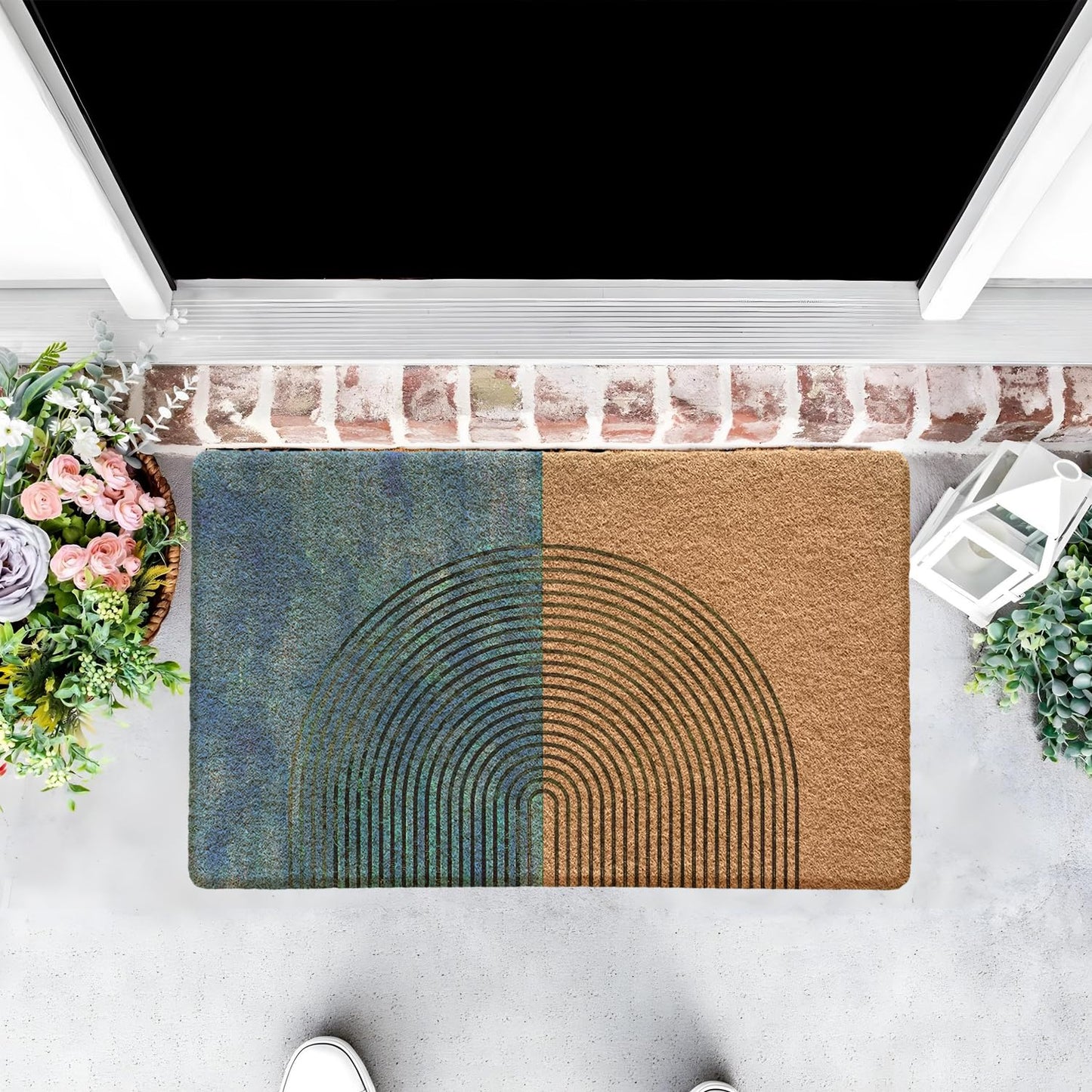 Qabliqo Boho Welcome Door Mat Mid Century Modern Green Chenille 17x30 Inch