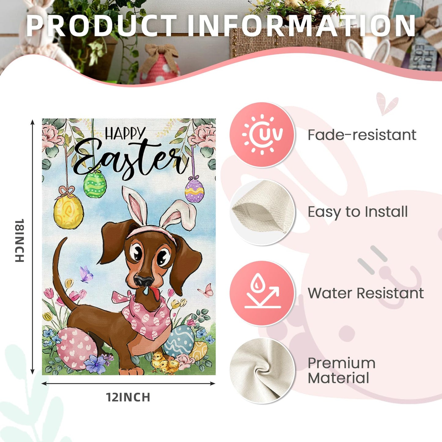 EKOREST Easter Garden Flag 12x18in Double Sided Watercolor Dachshund Dog