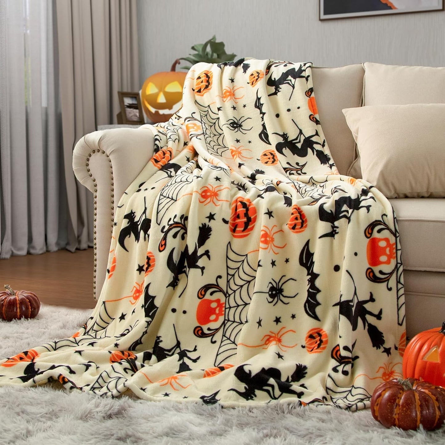 Generic Halloween Throw Blanket Witch Hat Spider Webs Cozy Flannel Multicolor