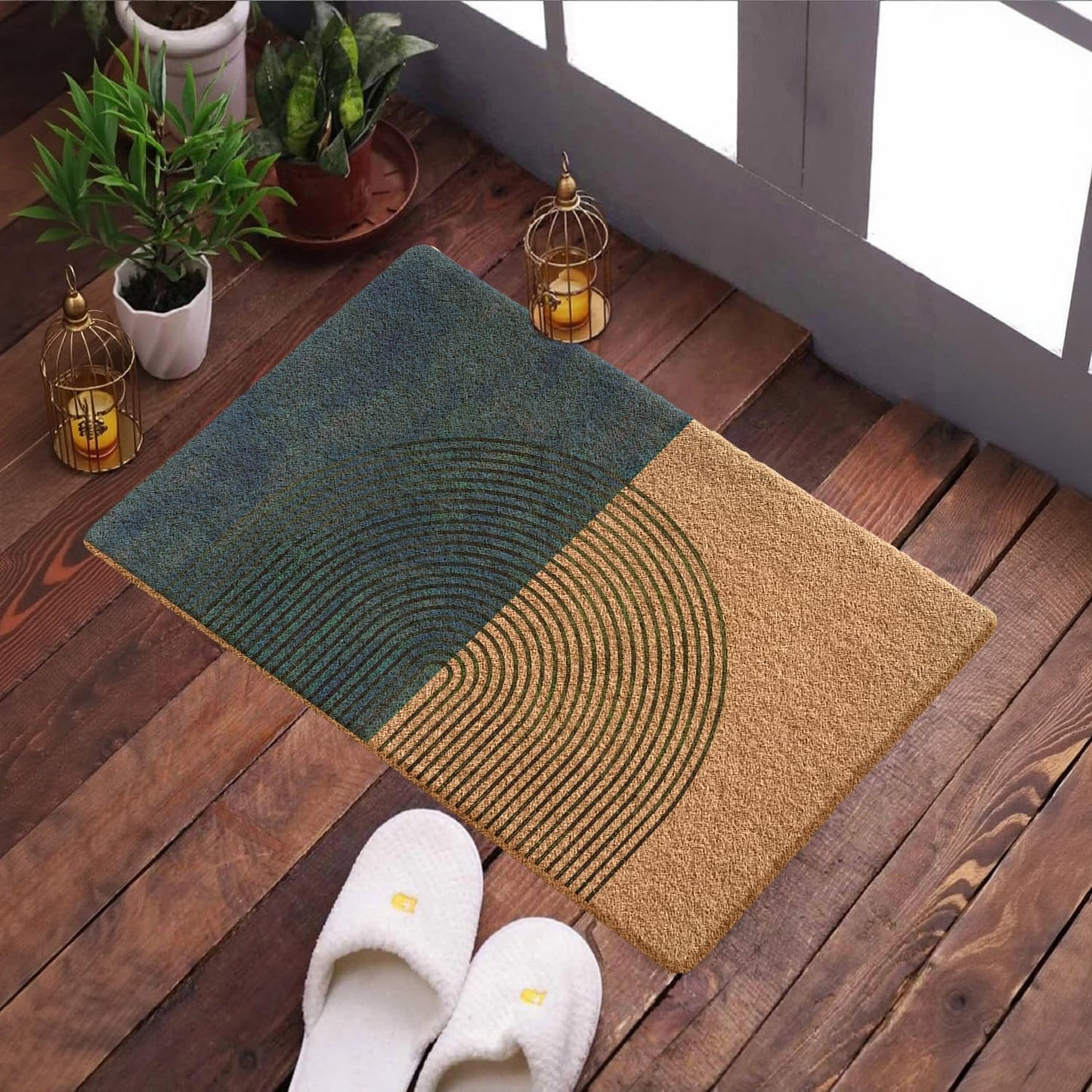 Qabliqo Boho Welcome Door Mat Mid Century Modern Green Chenille 17x30 Inch