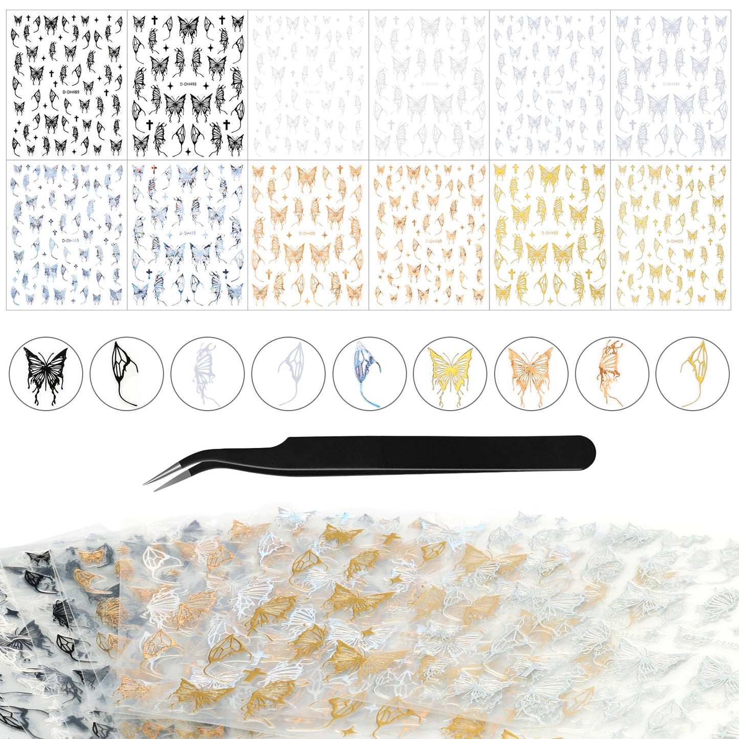 Kikonoke 12 Sheets Laser Butterfly Nail Stickers White Silver Gold 3D Decals