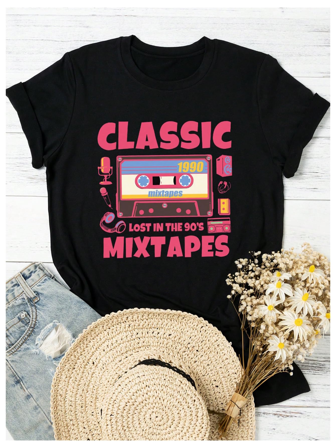 SOLY HUX Womens Graphic Tee Crewneck Short Sleeve Retro T Shirt Black S