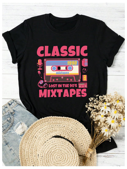 SOLY HUX Womens Graphic Tee Crewneck Short Sleeve Retro T Shirt Black S