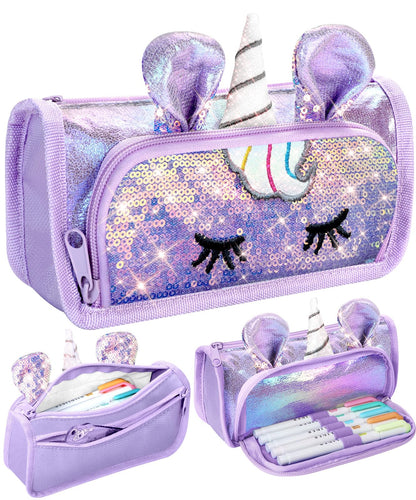 LISEVO 3D Sparkly Pencil Case Purple Cute Sequin Pencil Pouch Girls Kids