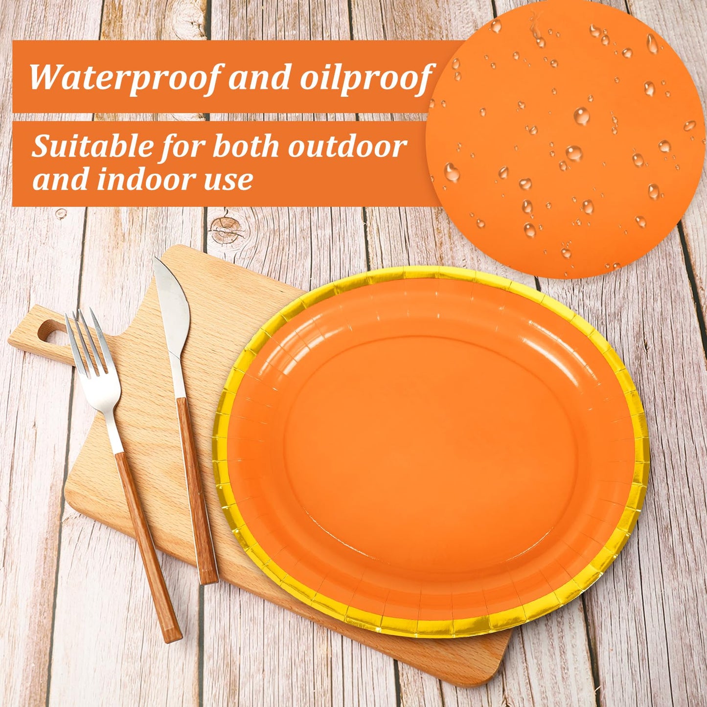 JarThenaAMCS 40Pcs Fall Oval Paper Plates Orange Gold Foil 9x7.7in