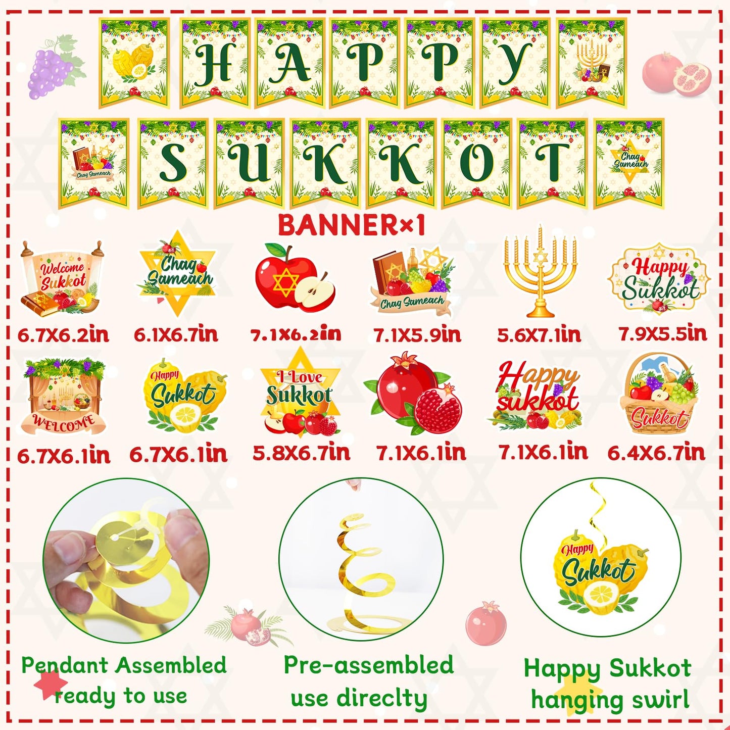 Sukkot Decorations Hanging Swirls Happy Sukkot Banner Ceiling Decor