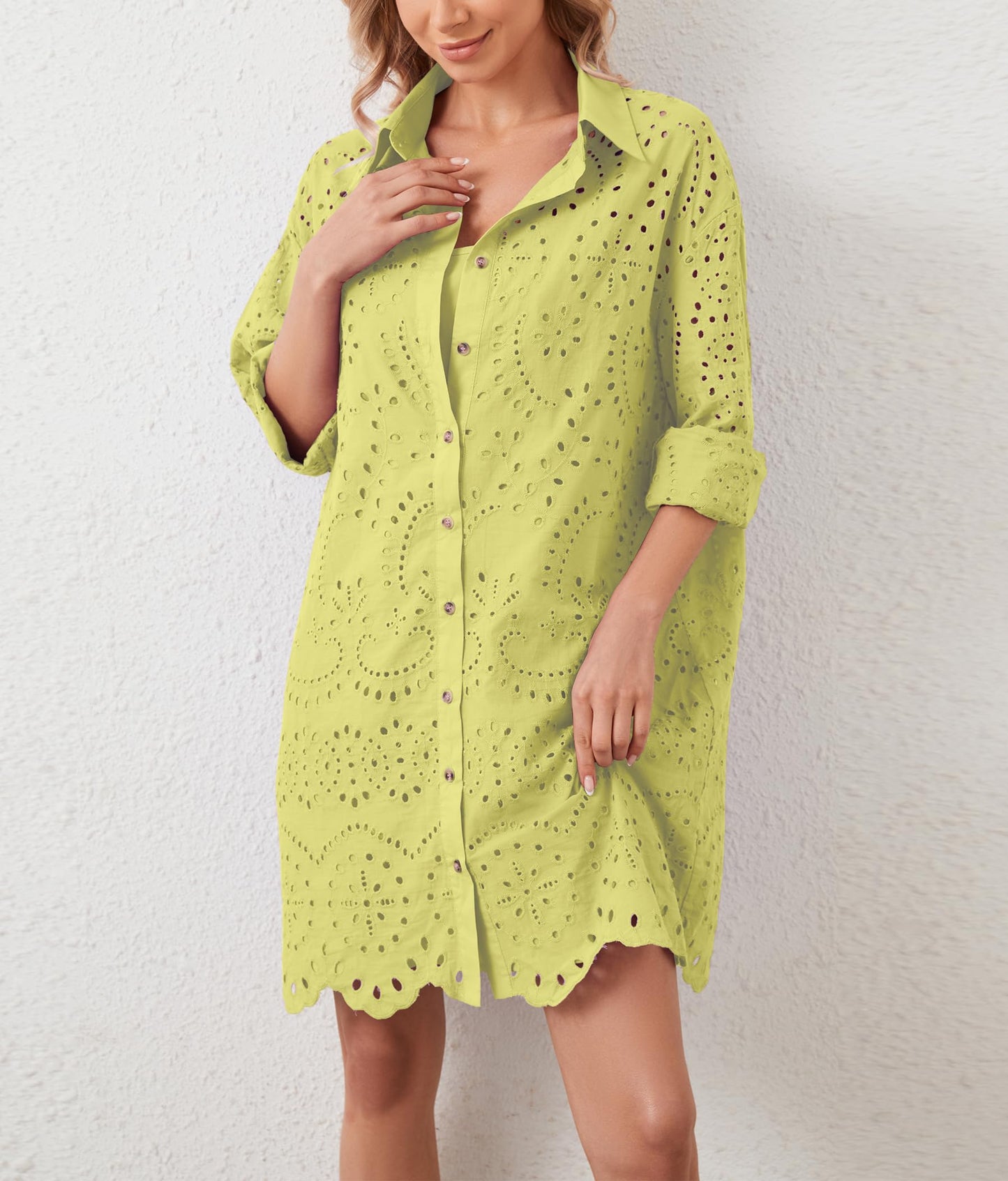 AIHUKOCY Women Hollow Out Button Down V Neck Long Sleeve Mini Dress Yellow M