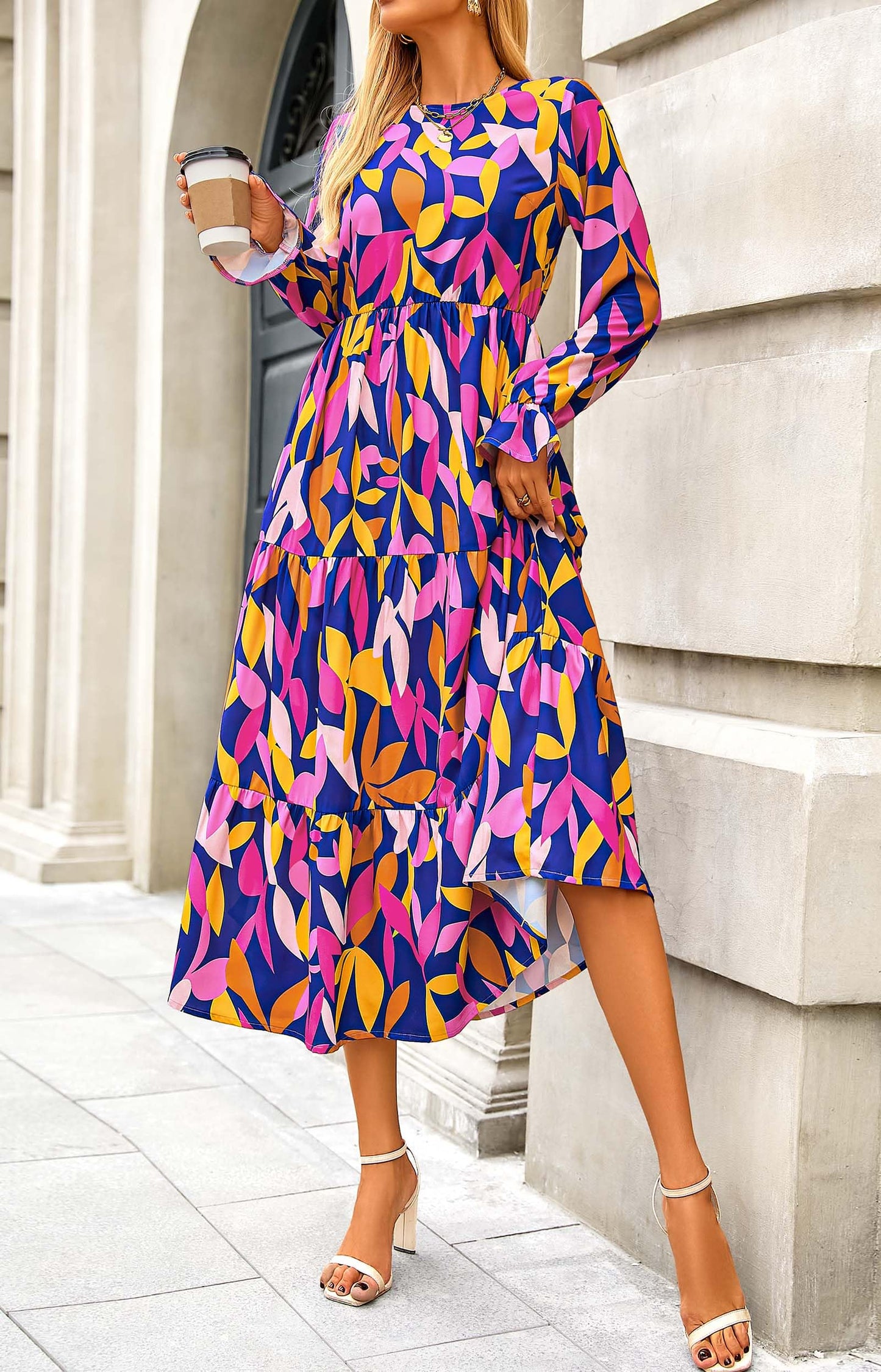 KIRUNDO Womens Long Sleeve Boho Floral Midi Dress Blue Purple Size M