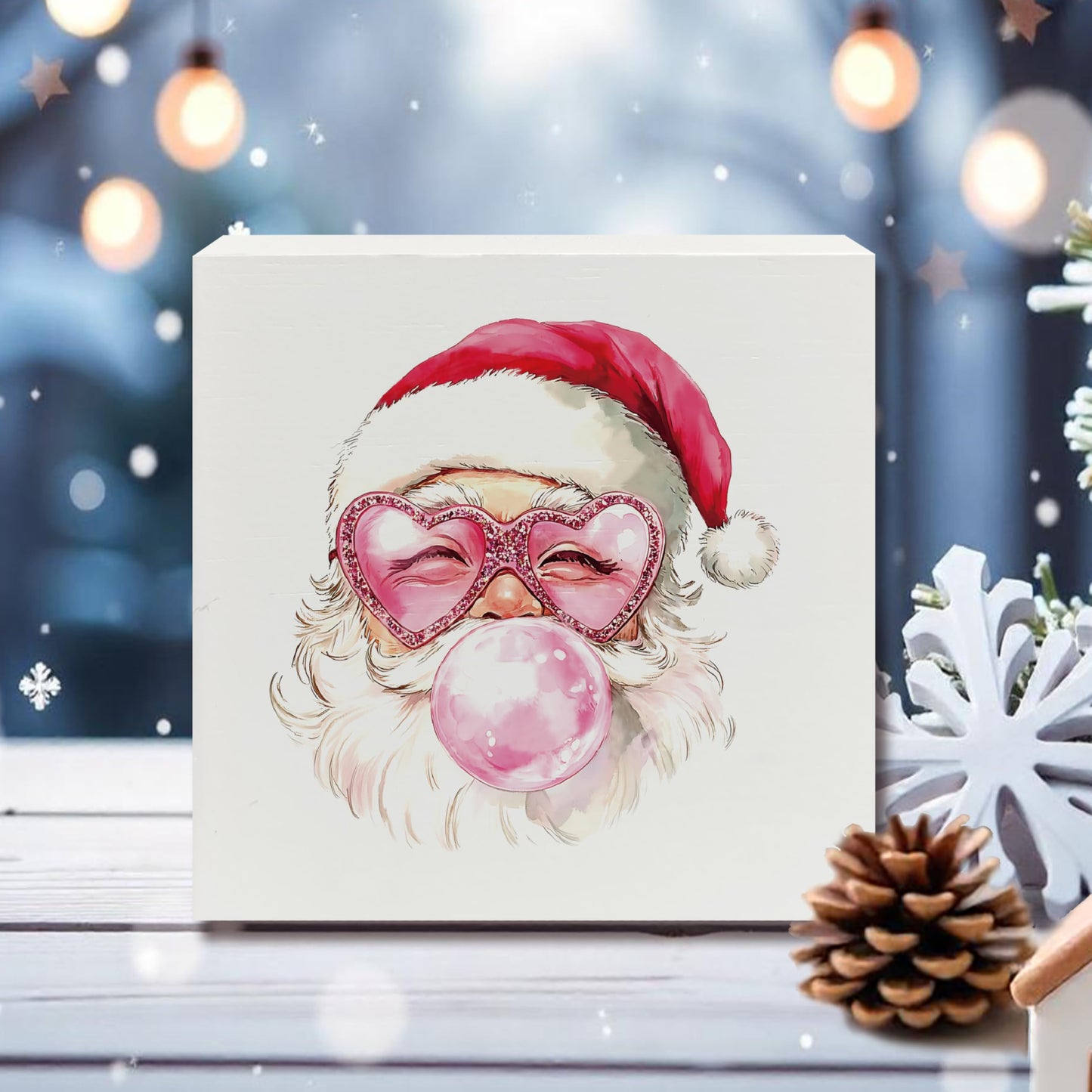 XUNLURY Santa Wooden Box Sign Pink Christmas Decor 5x5 Inch