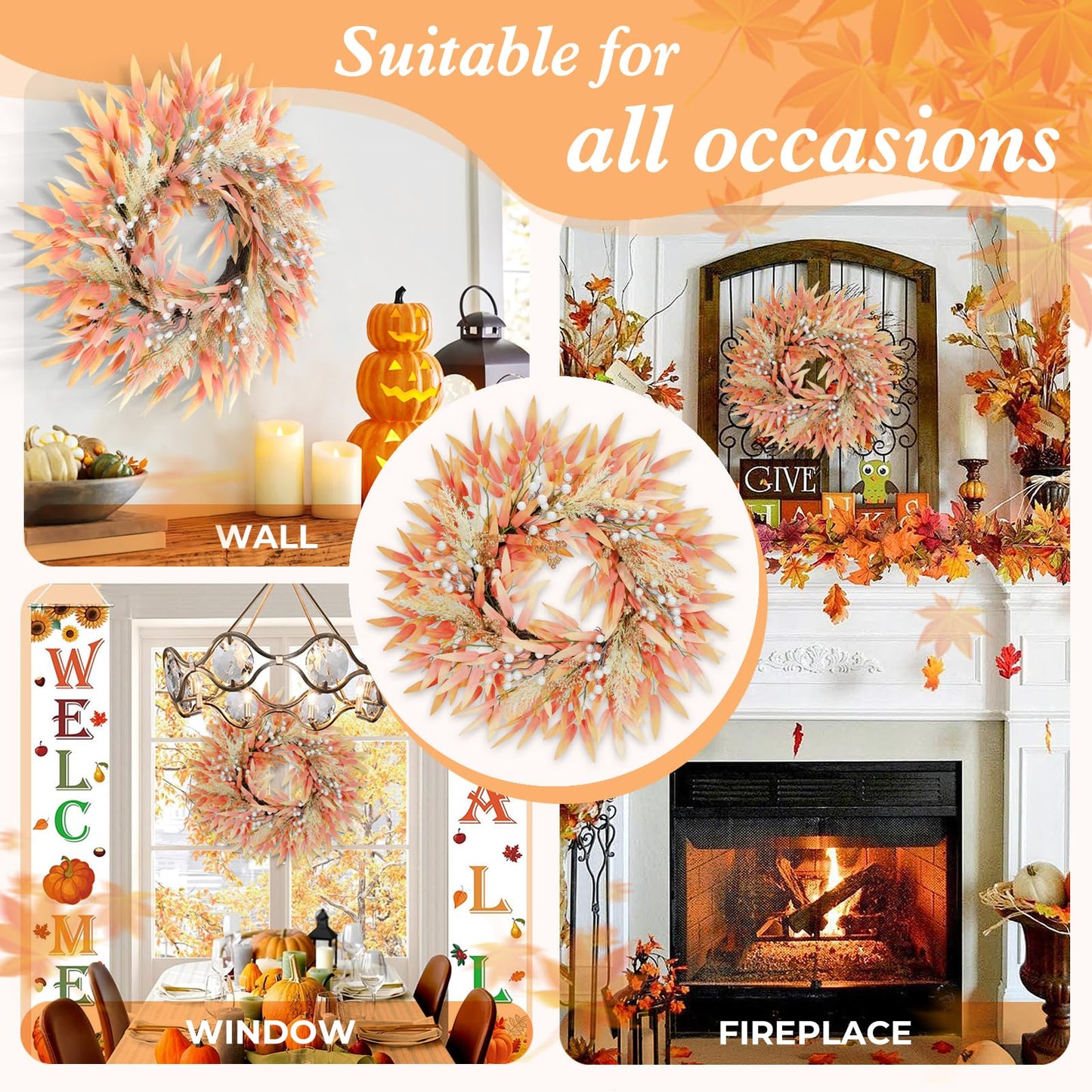 OEOPIUR Fall Wreath Front Door Decor Large Orange Autumn Leaves Indoor Outdoor