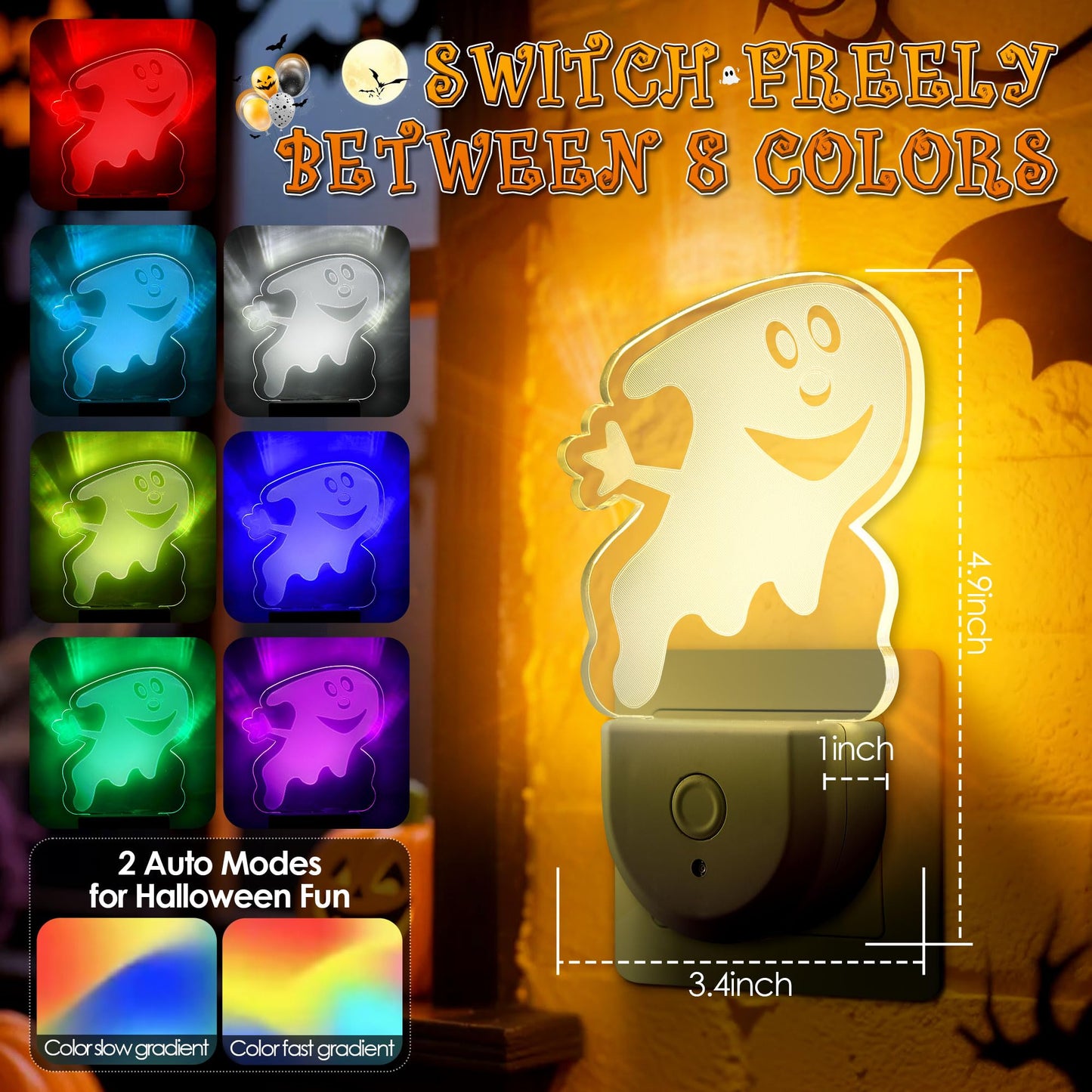 Meonum 2-Pack Christmas Night Light 6-Color LED Dusk-to-Dawn Wall Plug Spooky A