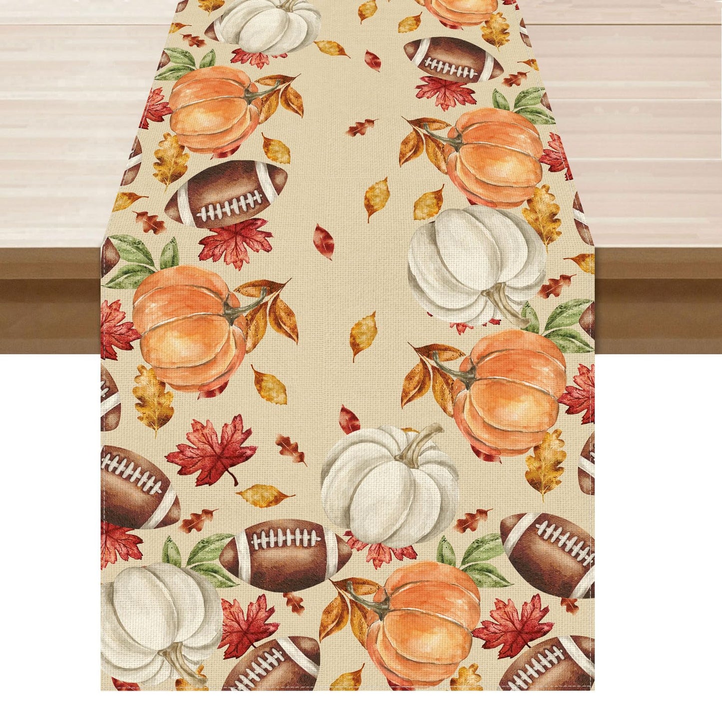 XCHI Fall Football Pumpkin Maple Leaves Table Runner Colored 13x108 Inch