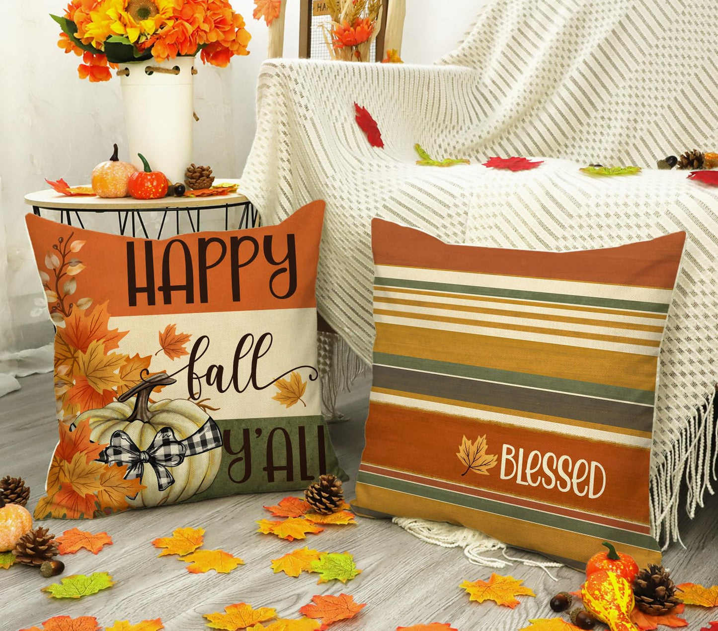 4TH Emotion Fall Pillow Covers 18x18 White Pumpkin Check Set of 4