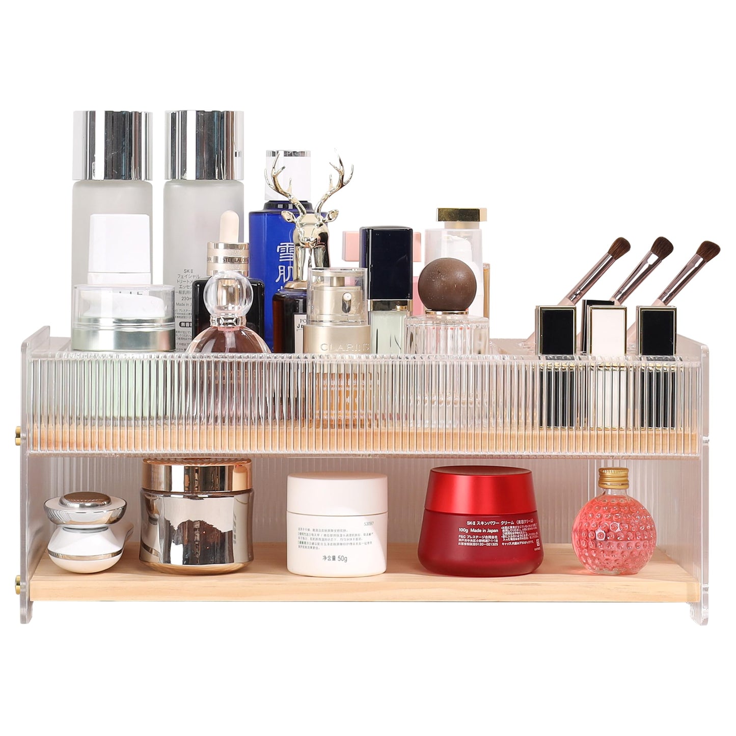 KAOTGOT Pine Wood Acrylic Makeup Organizer with Brush & Lipstick Holder