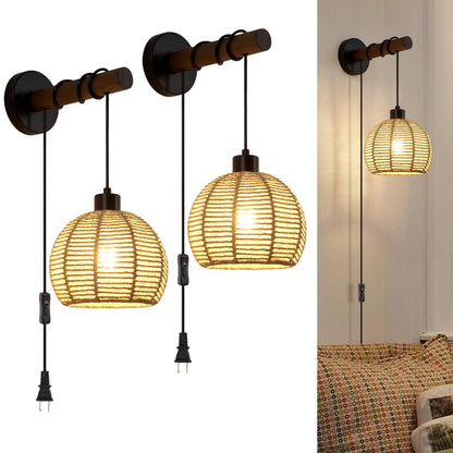 SGLfarmty Boho Rattan Plug-in Wall Sconces Set of 2 Rustic Hemp Rope