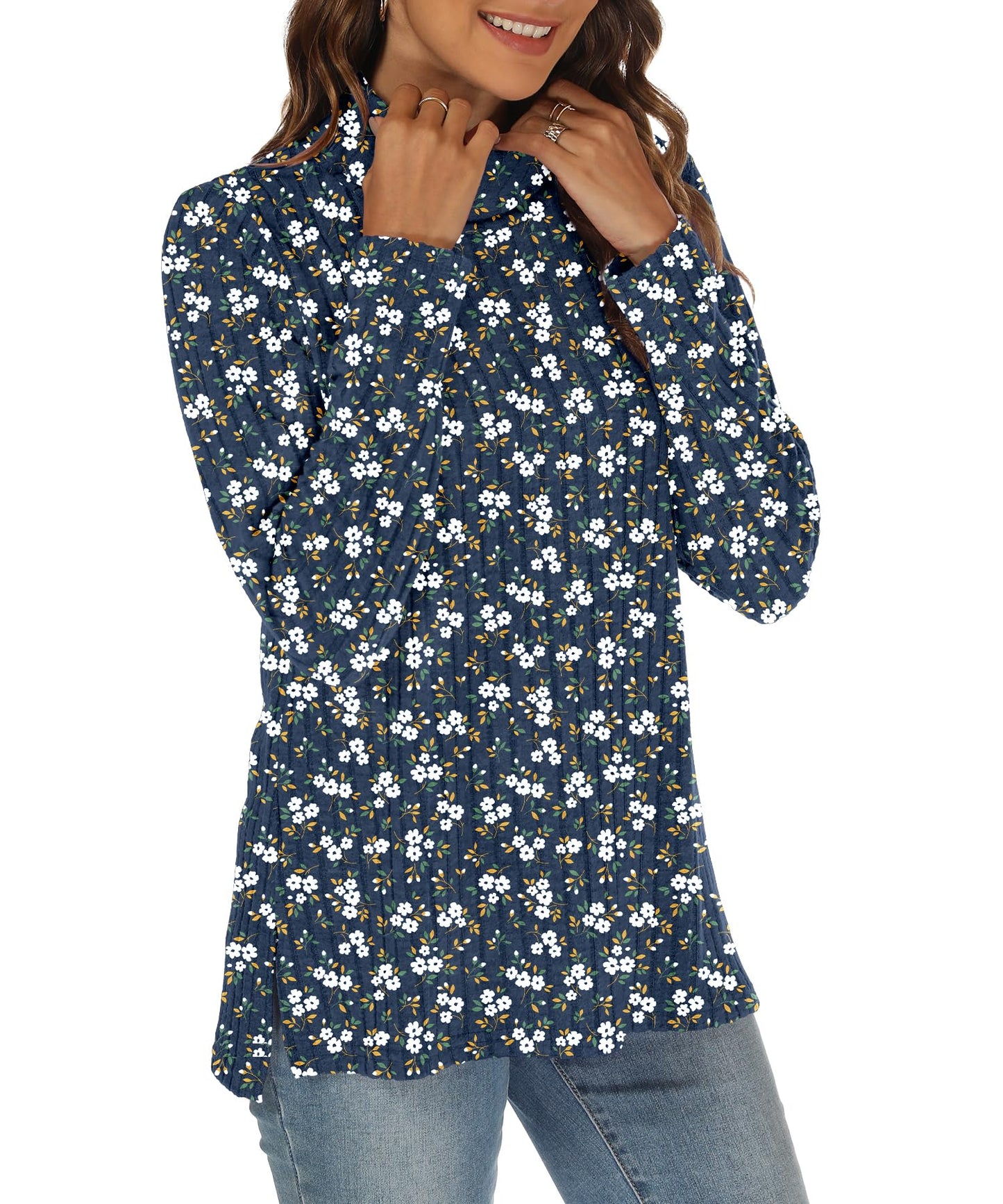 GOUCEHN Women Turtleneck Sweater Pullover Lightweight Blue-White Flo Size XL