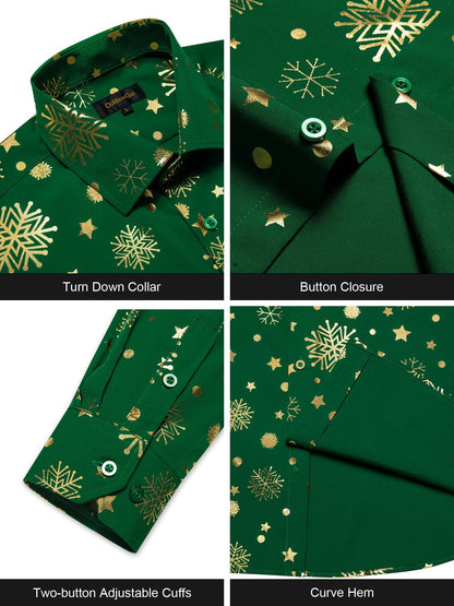 DiBanGu Mens Christmas Long Sleeve Button Down Shirt Green Gold Snowflake Size S