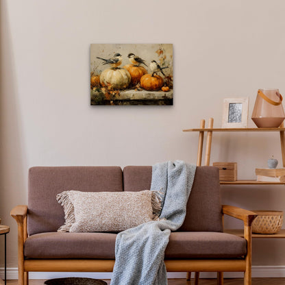 Pugwak Vintage Fall Pumpkin Bird Wall Art Canvas Print 11x14 Inch Landscape