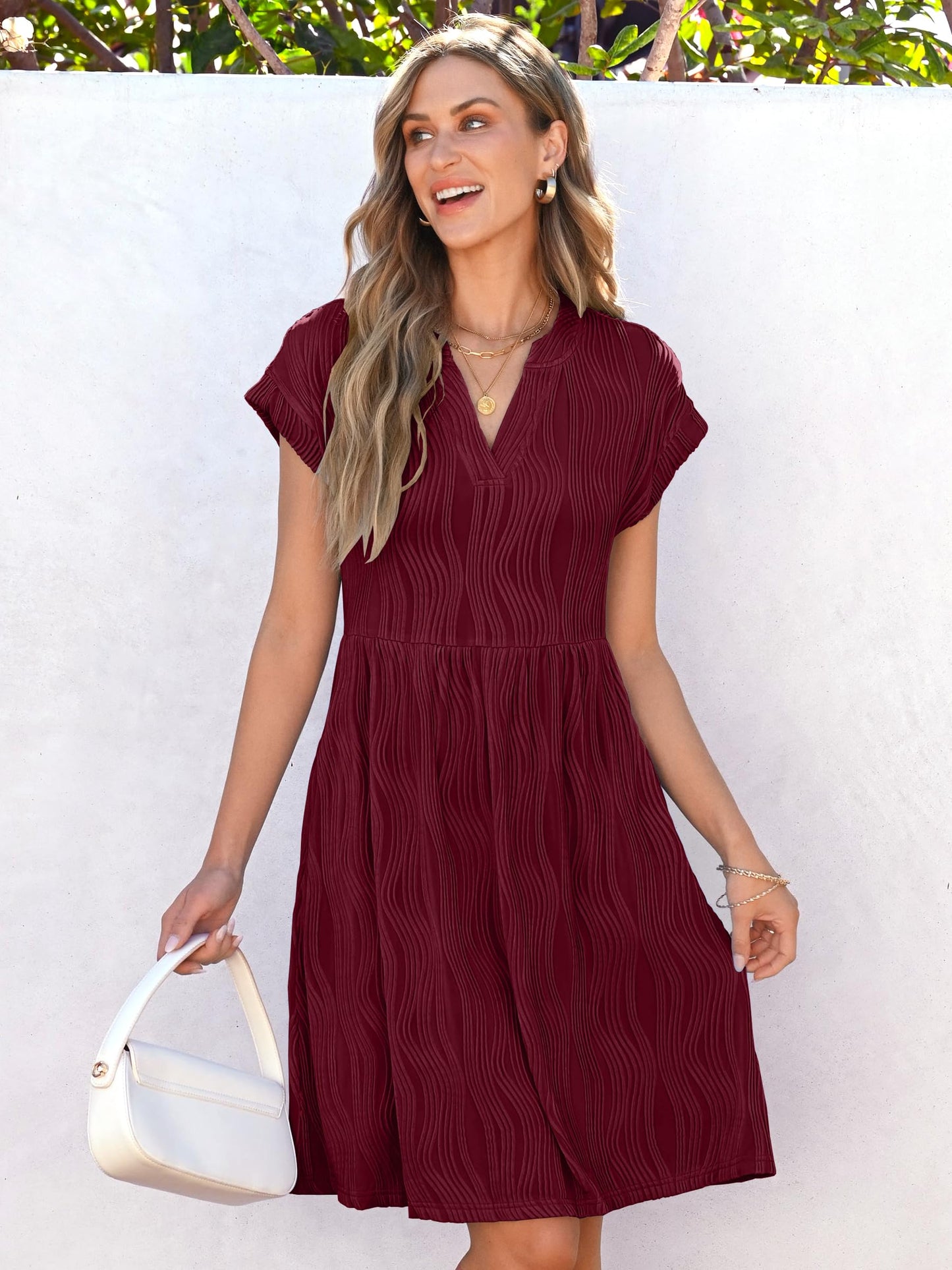 ANRABESS Womens Summer V Neck Cap Sleeve Tunic Dress Wine Red Size L