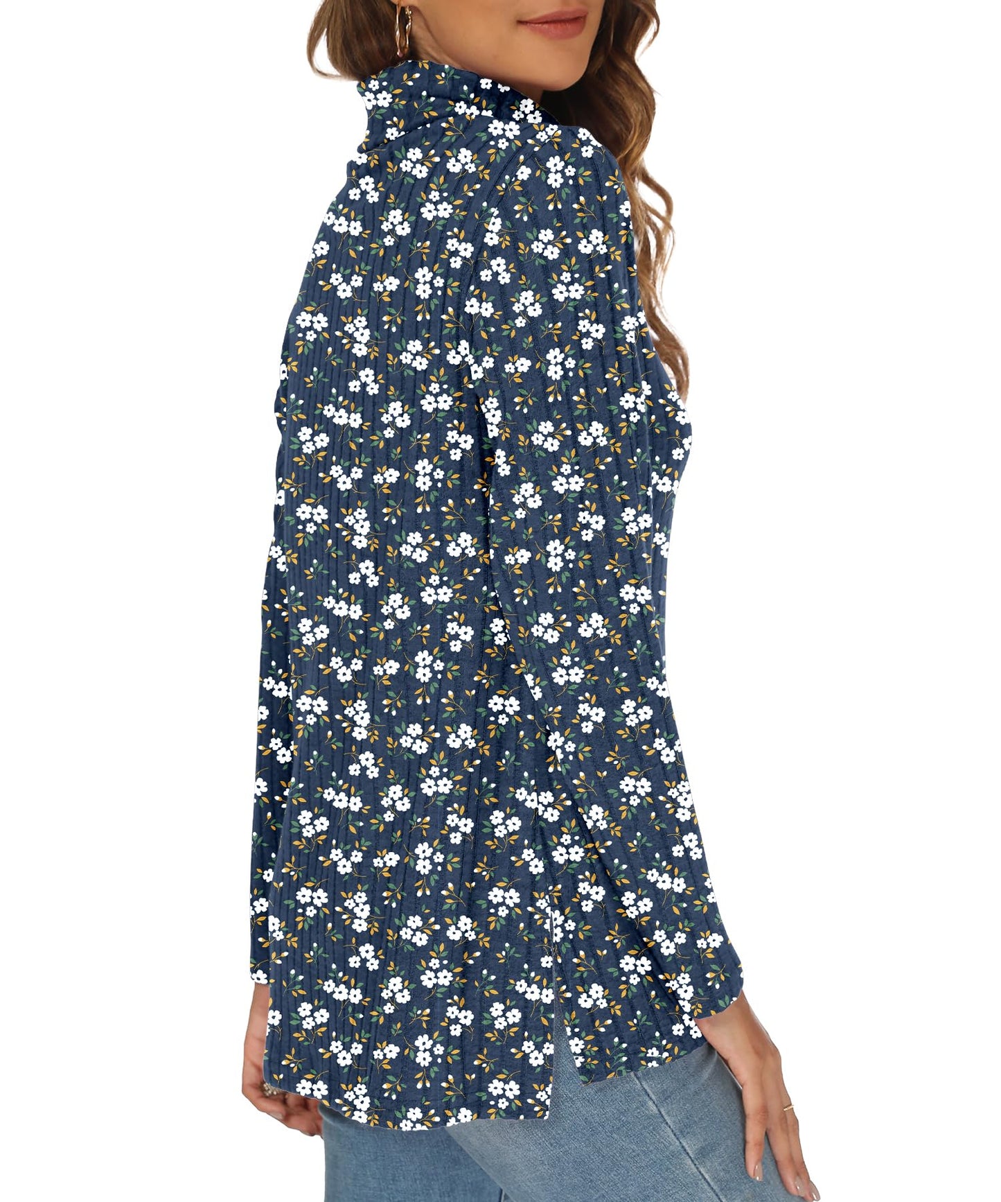GOUCEHN Women Turtleneck Sweater Pullover Lightweight Blue-White Flo Size XL
