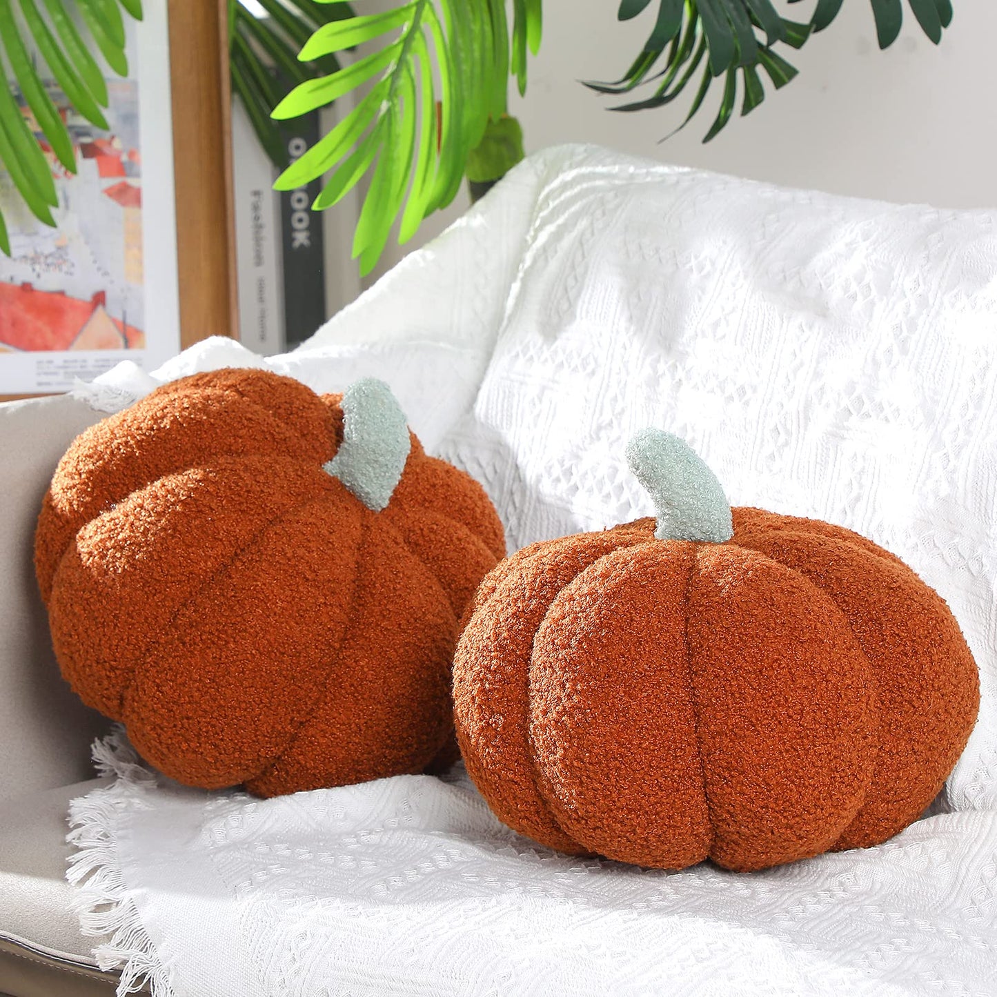 Queekay 2 Pc Pumpkin Plush Pillow 11x9.5in Brown Fall Thanksgiving Decor